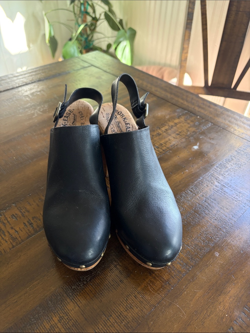 Kork-Ease Black Leather Slingback Clogs with Studded Sole
